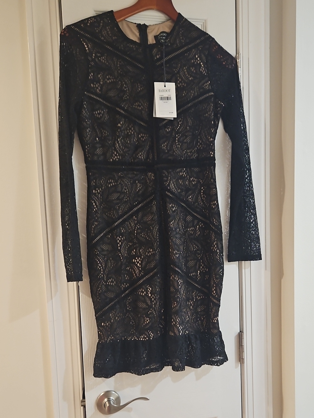 Bardot Black Lace Long-Sleeve Mini Dress with Ruffle Hem